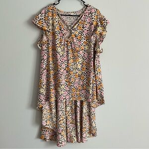 Cato Multicolor Leopard Print Ruffle Short Sleeve High Low Blouse